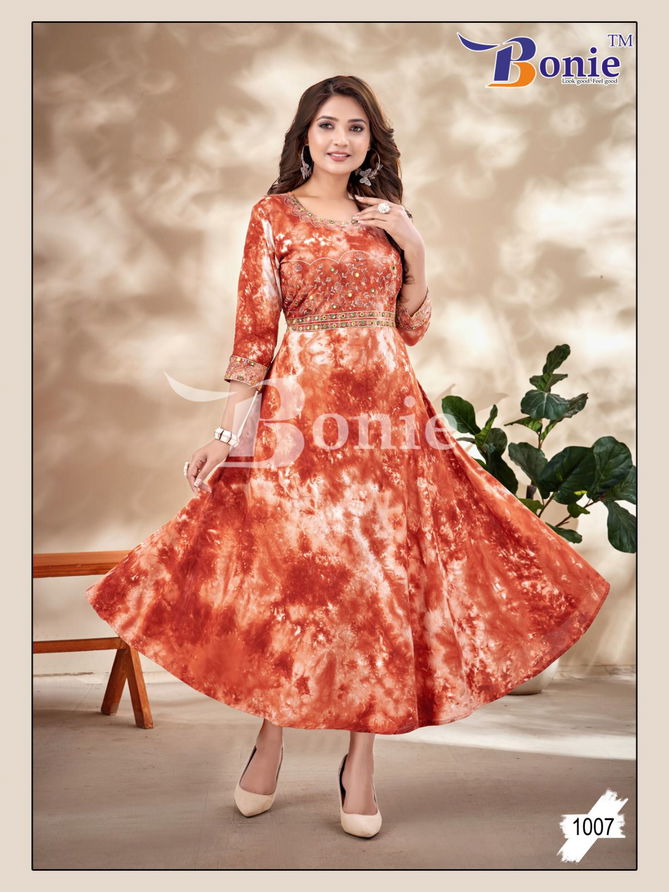 Bonie Tie Die Rayon Anarkali Designer Kurtis Catalog
